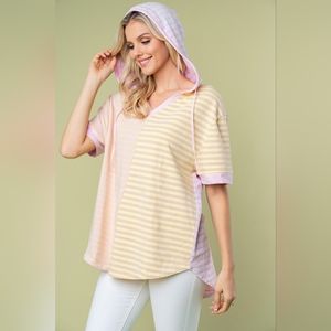 White Birch Full Size Striped Short Sleeve Drawstring Hooded Top